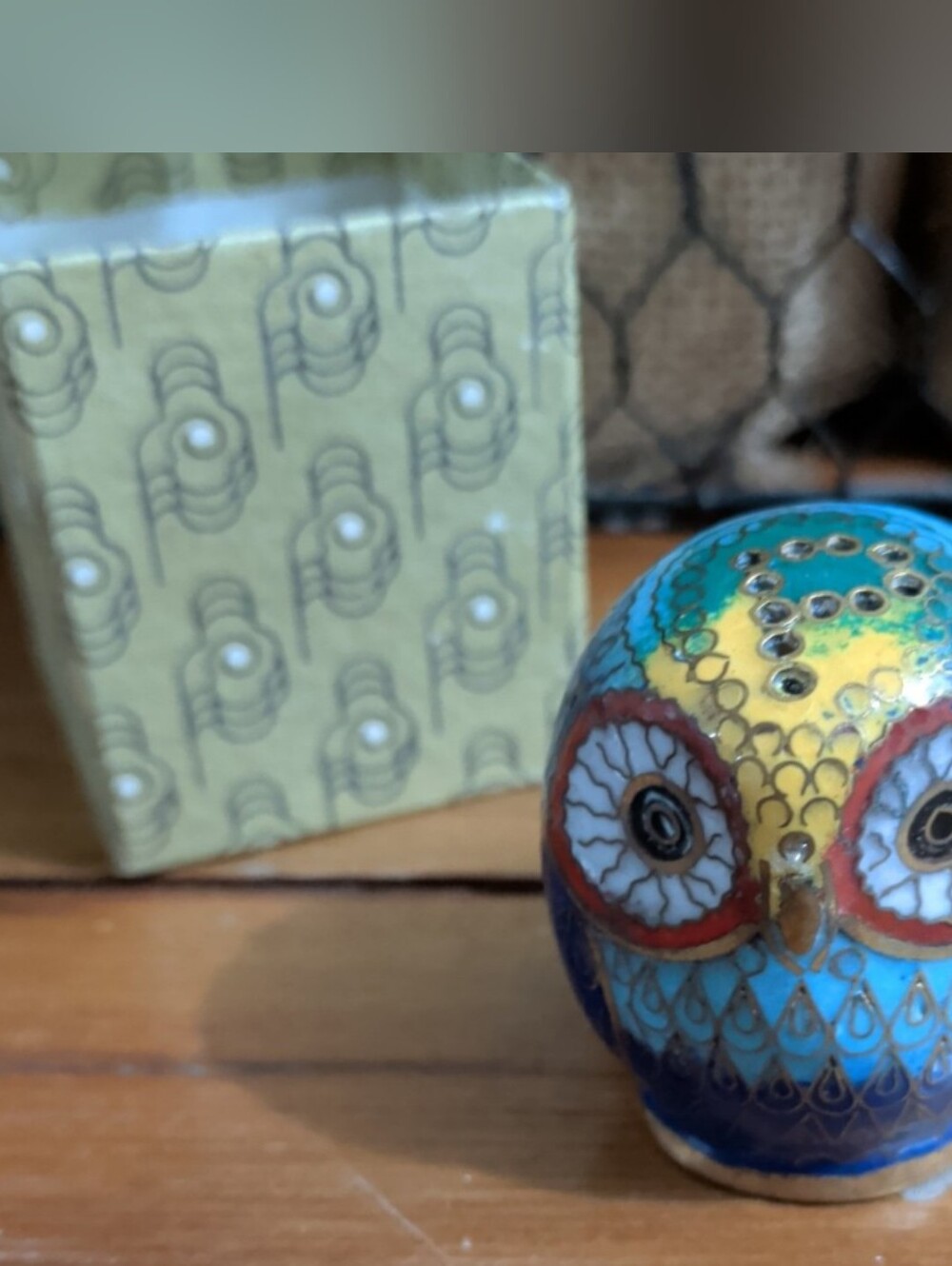 Vintage Cloisonné Owl Pepper Shaker Enamelled Brass